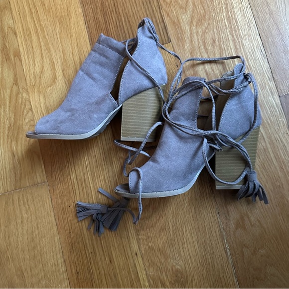 Taupe Peep Toe Boot Chunky Heel Shoes - Picture 4 of 7